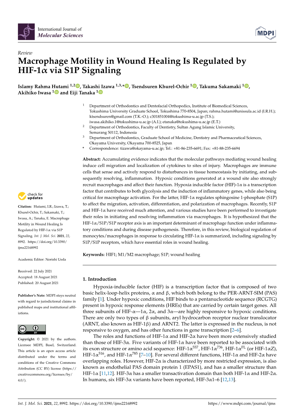 Macrophage Motility in Wound Healing Is Regulated by HIF-1 Via