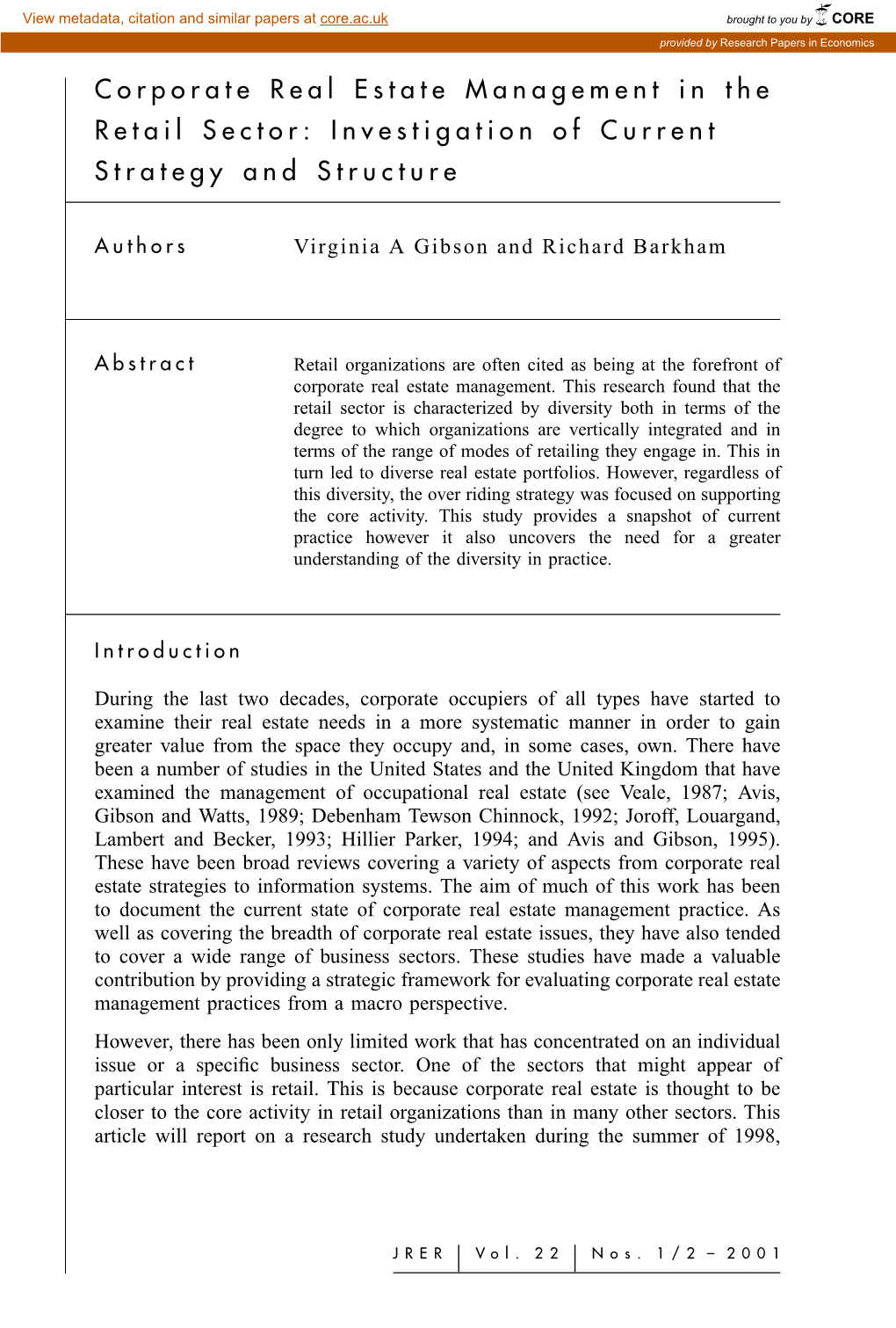 Corporate Real Estate Management in the Retail Sector: Investigation of Current Strategy and Structure