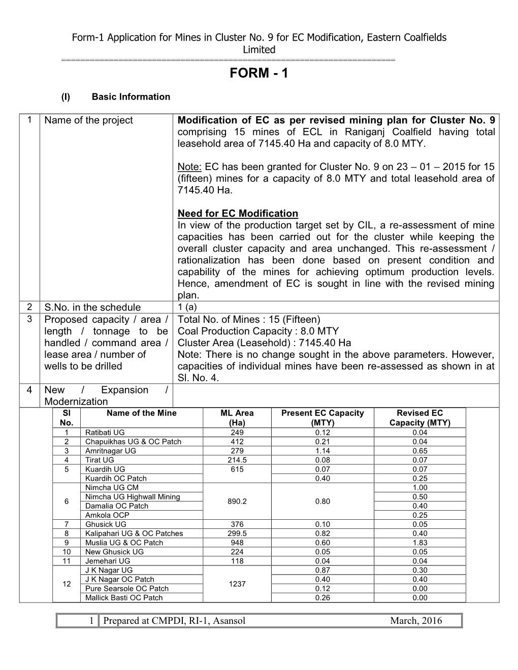 Form-1 Application for Mines in Cluster No
