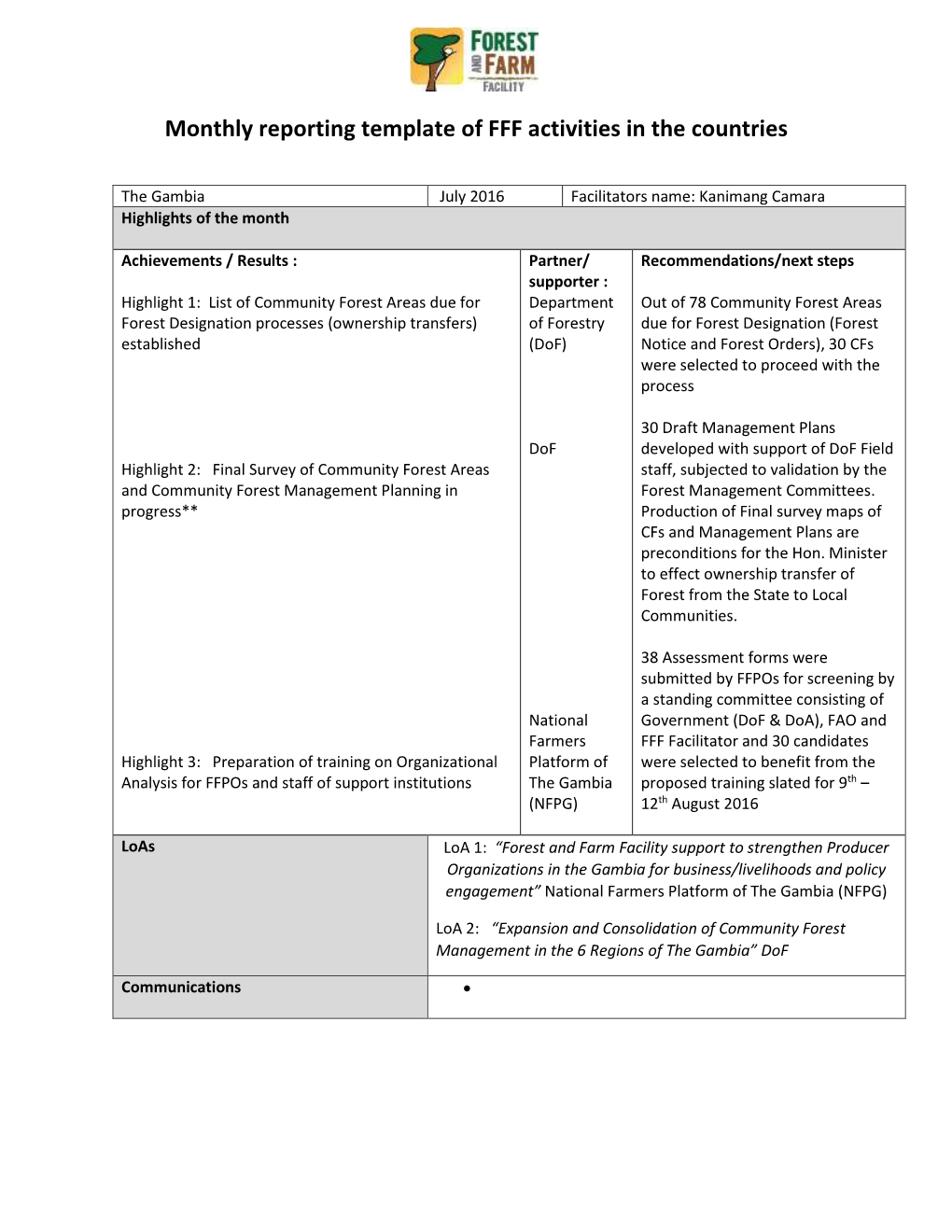 Monthly Reporting Template of FFF Activities in the Countries