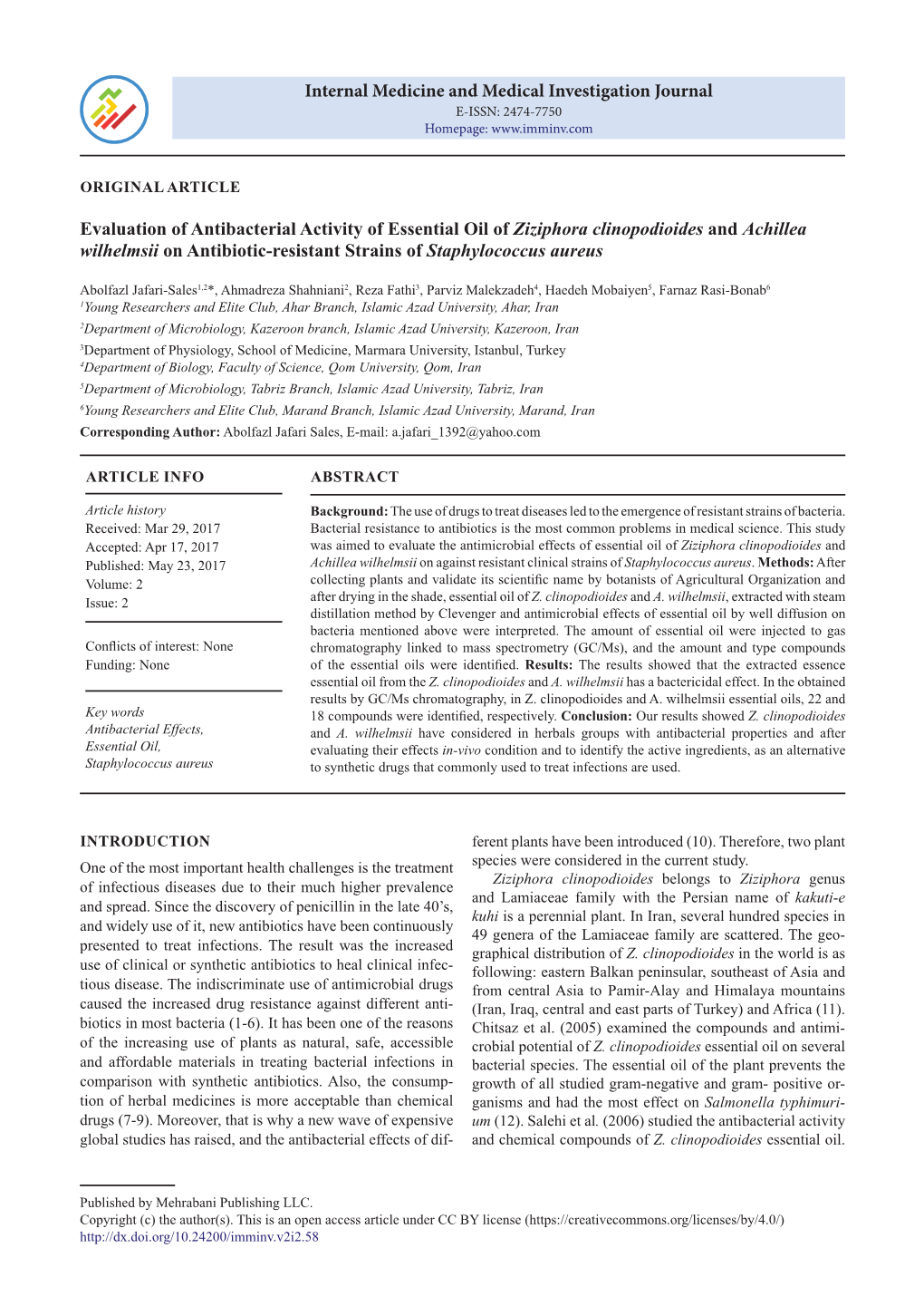 Evaluation of Antibacterial Activity of Essential Oil of Ziziphora Clinopodioides and Achillea Wilhelmsii on Antibiotic-Resistant Strains of Staphylococcus Aureus