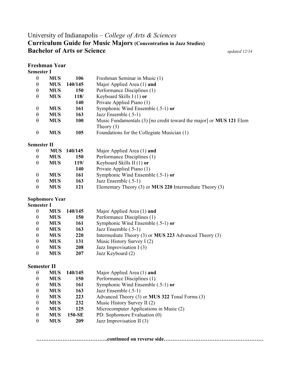 Curriculum Guide for Music Majors (Concentration in Jazz Studies)