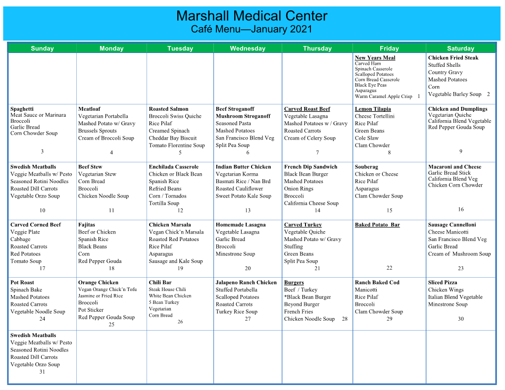 Marshall Medical Center Café Menu—January 2021