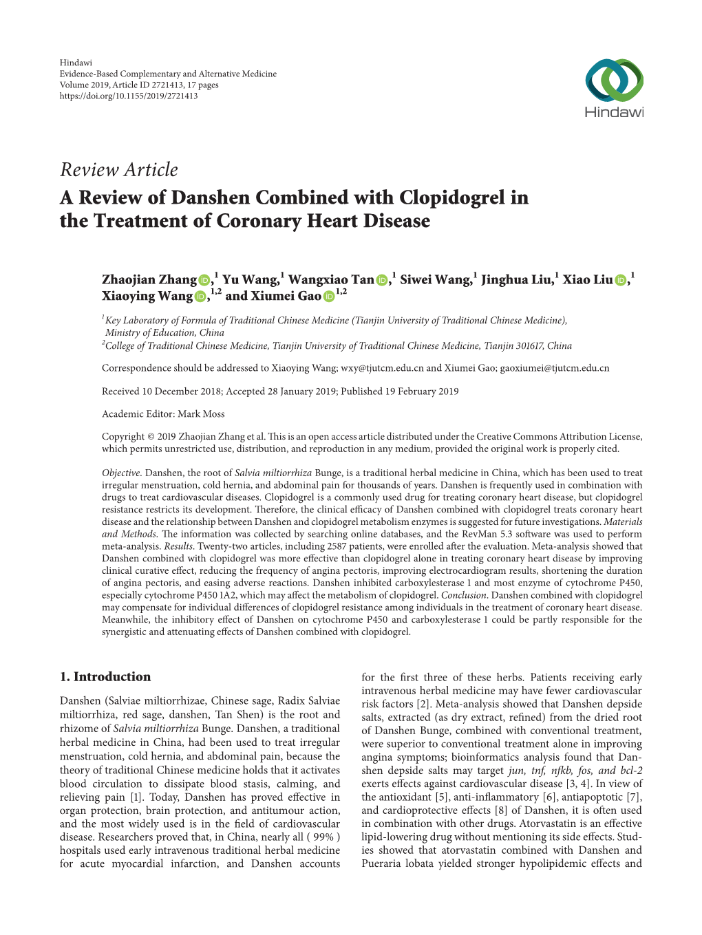 A Review of Danshen Combined with Clopidogrel in the Treatment of Coronary Heart Disease
