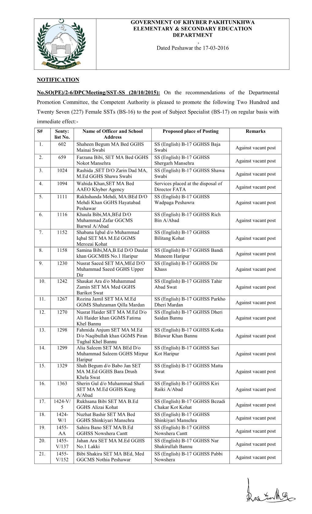 GOVERNMENT of KHYBER PAKHTUNKHWA ELEMENTARY & SECONDARY EDUCATION DEPARTMENT , Dated Peshawar the 17-03-2016