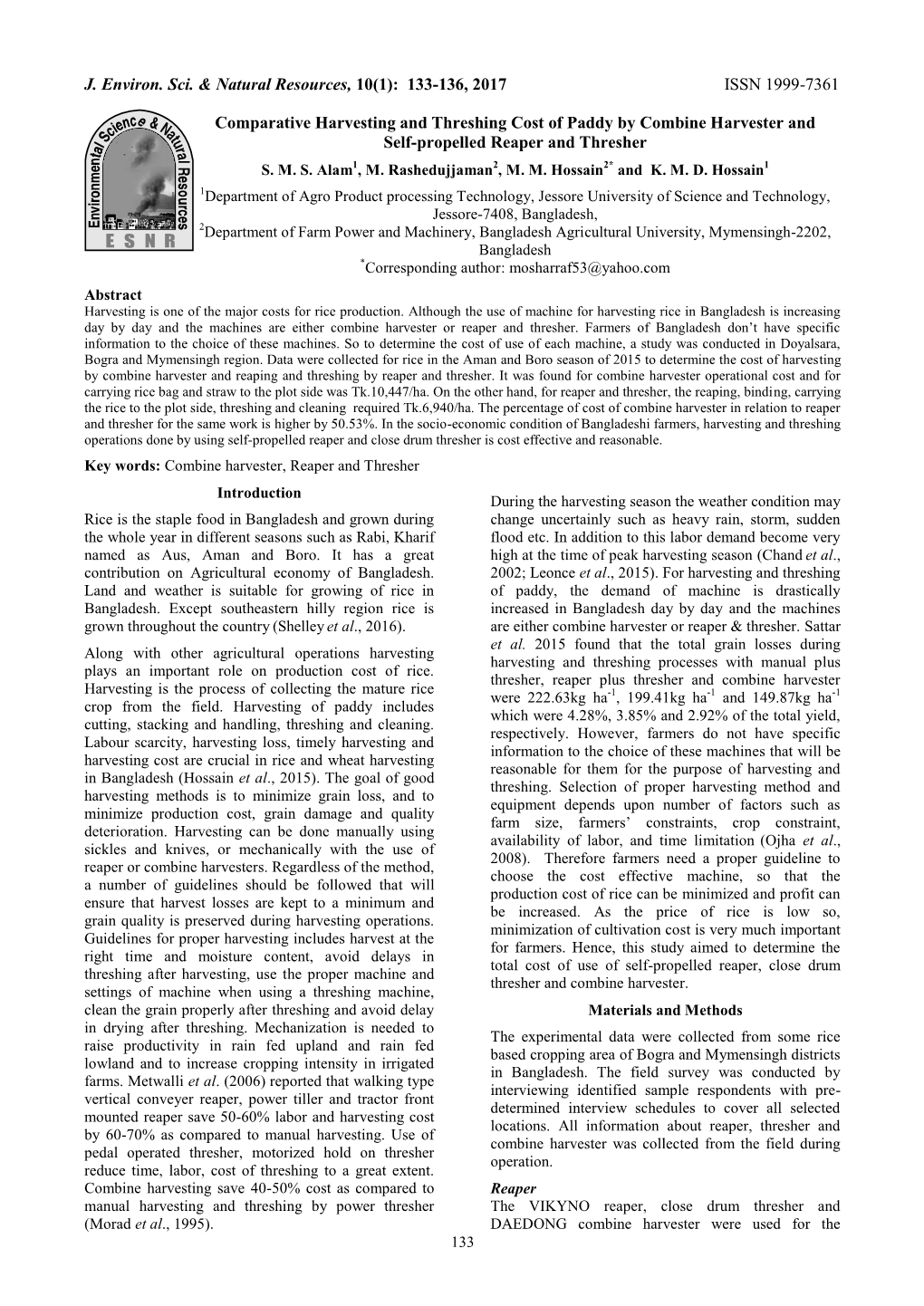 133-136, 2017 ISSN 1999-7361 Comparative Harvesting And