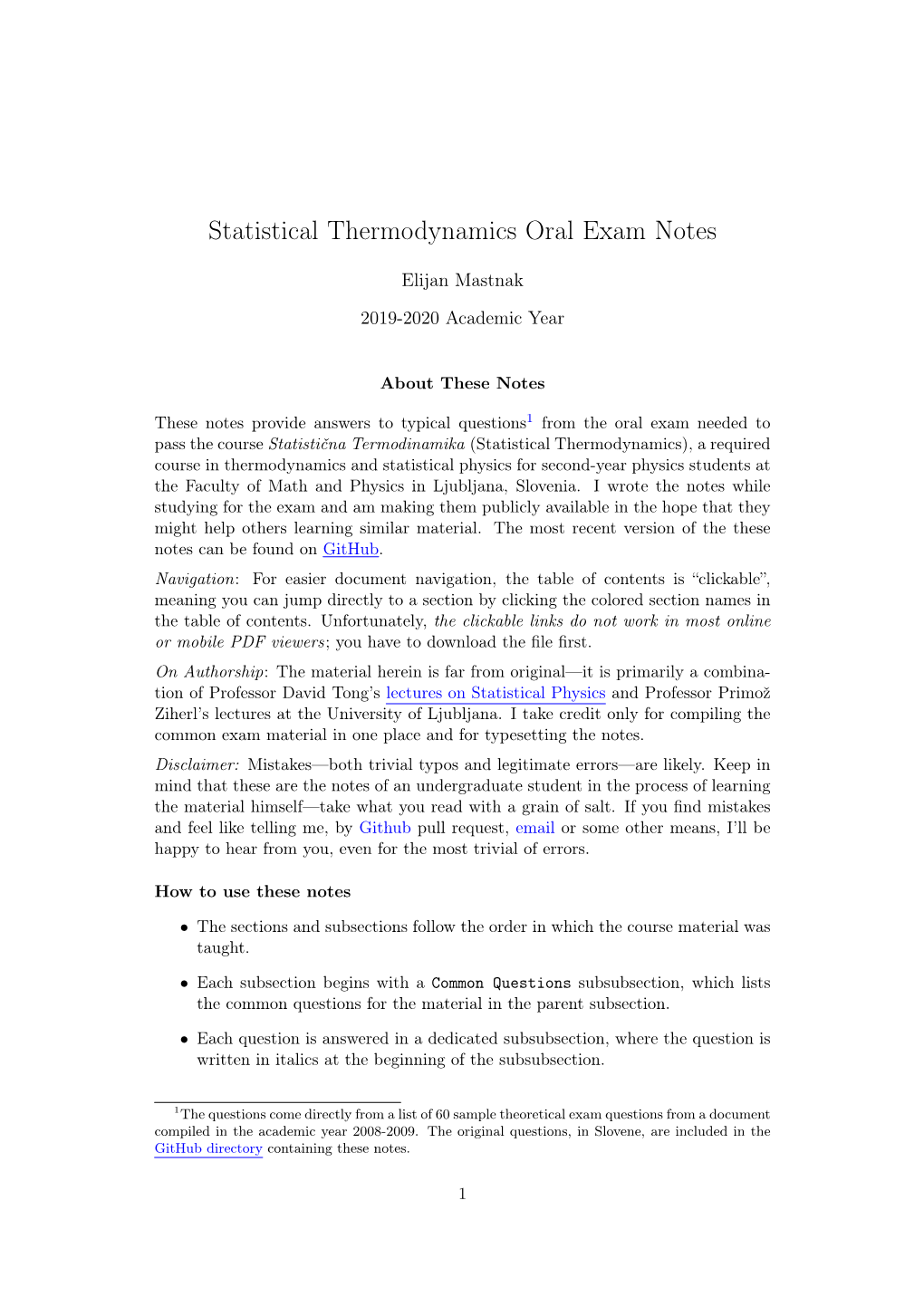 Statistical Thermodynamics Oral Exam Notes