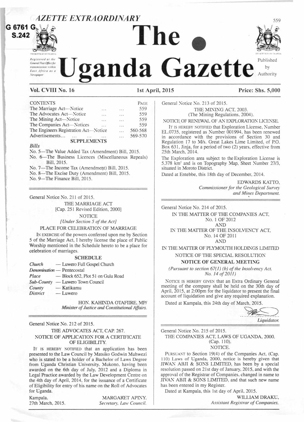 The Uganda Gazette______567 Muipe