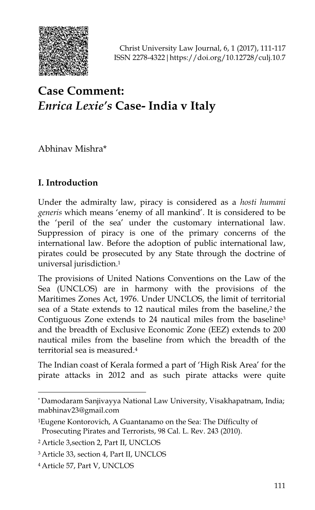 Case Comment: Enrica Lexie's Case- India V Italy