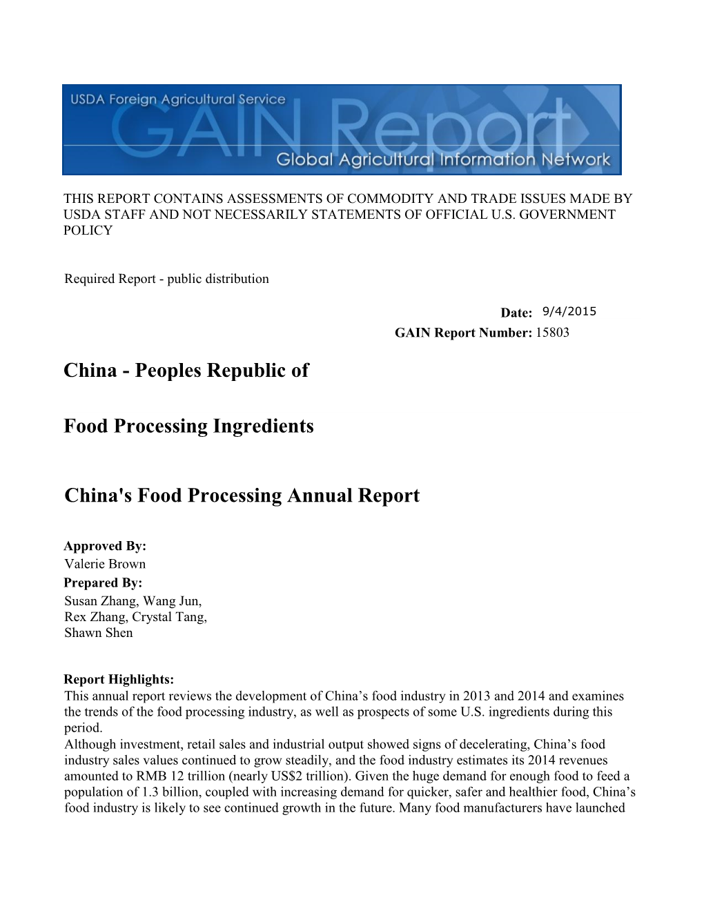 China: Food Processing Ingredients