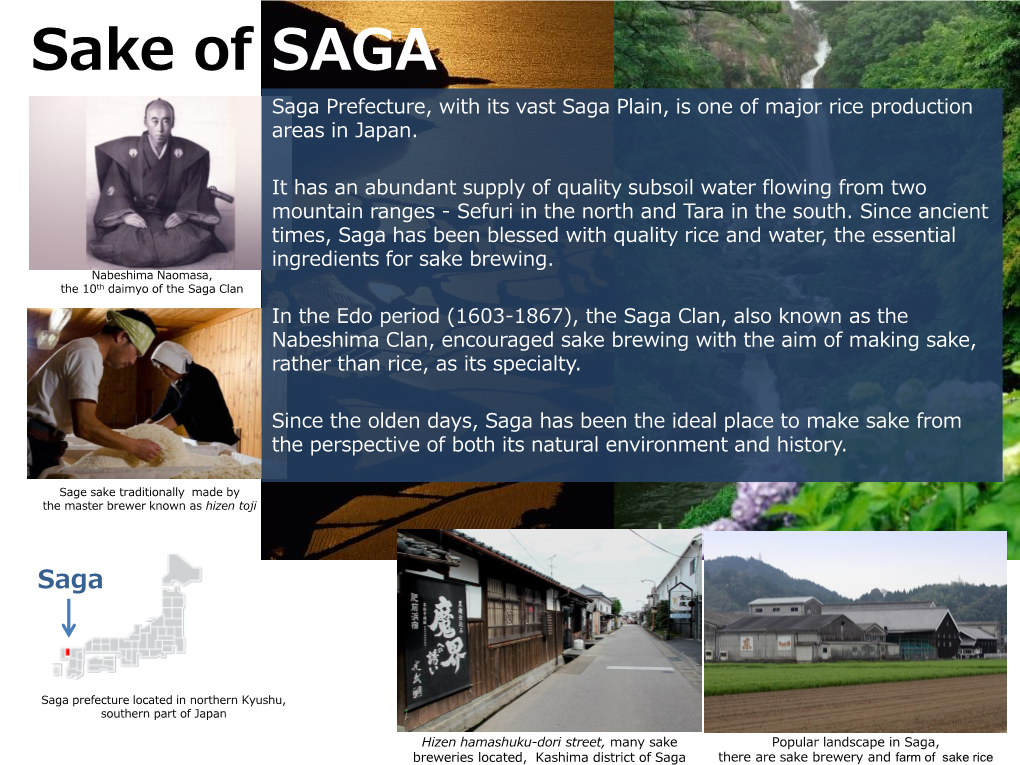 Sake of SAGA Saga Prefecture, with Its Vast Saga Plain, Is One of Major Rice Production Areas in Japan