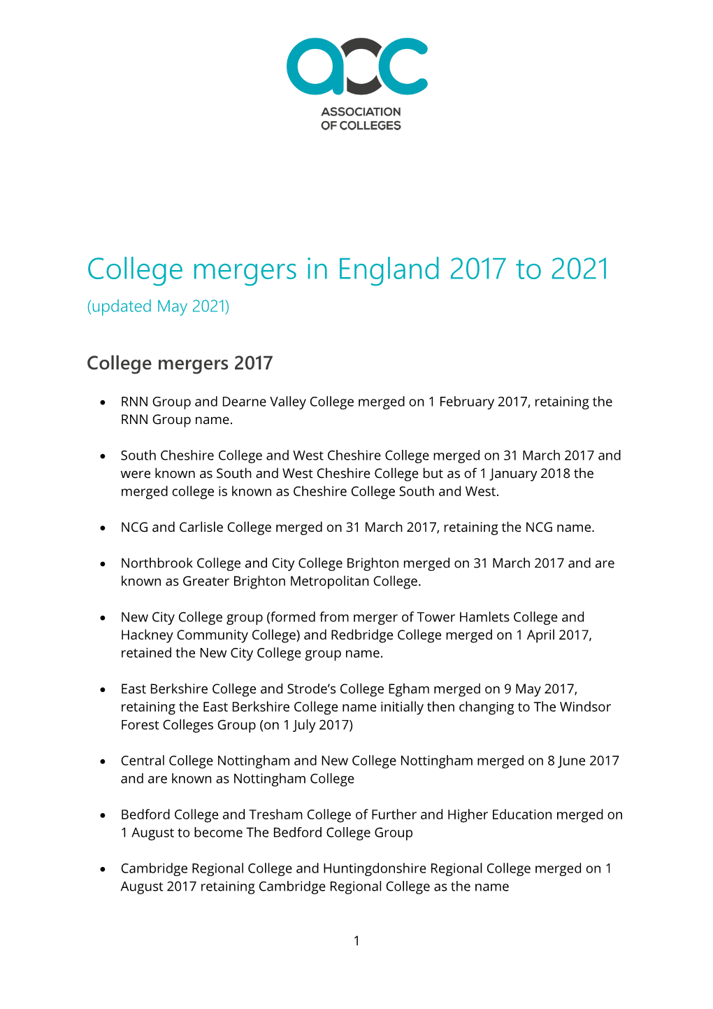 College Mergers in England 2017 to 2021 (Updated May 2021)
