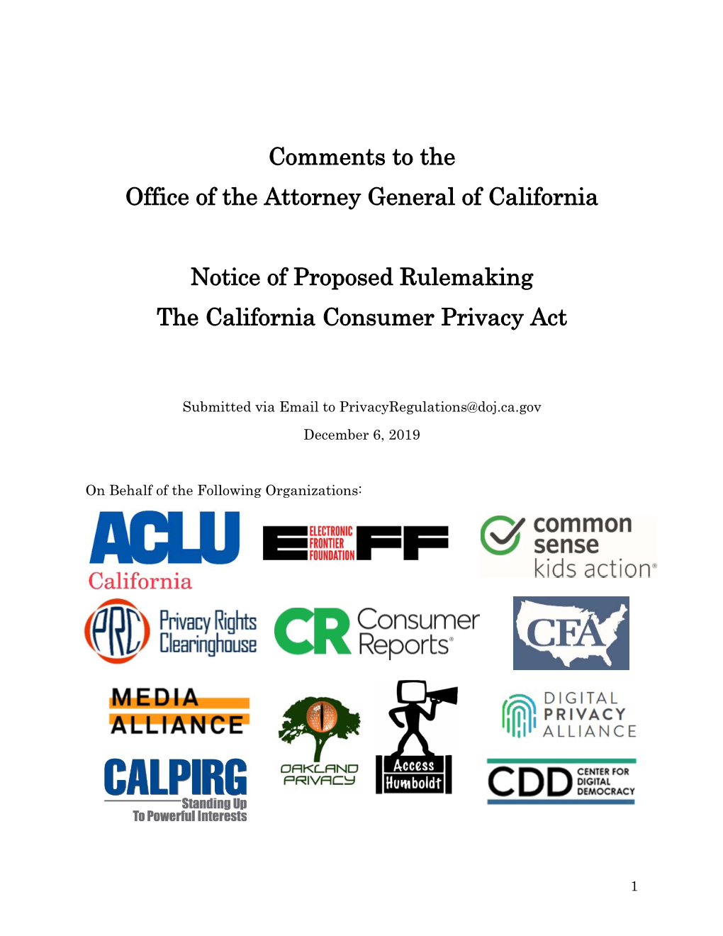 Comments to the Office of the Attorney General of California Notice Of