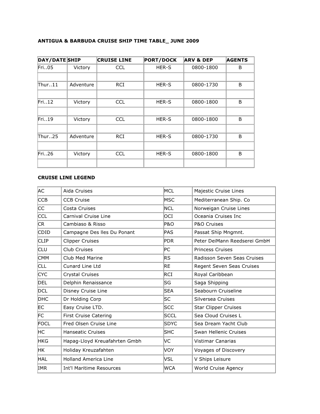 Antigua & Barbuda Cruise Ship Time Table June 2009 Day