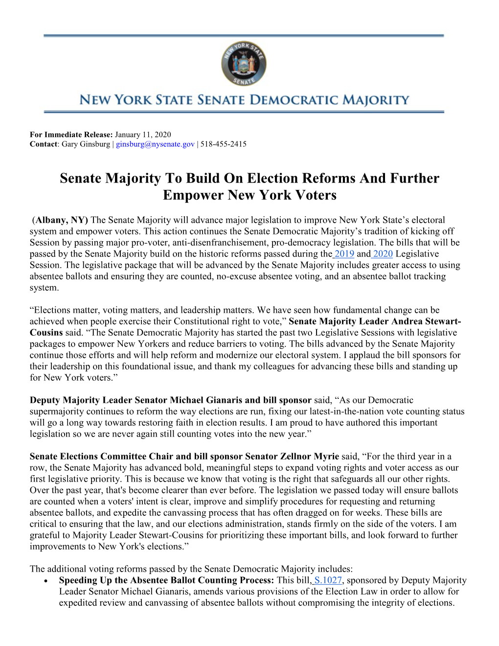 Senate Majority to Build on Election Reforms and Further Empower New York Voters