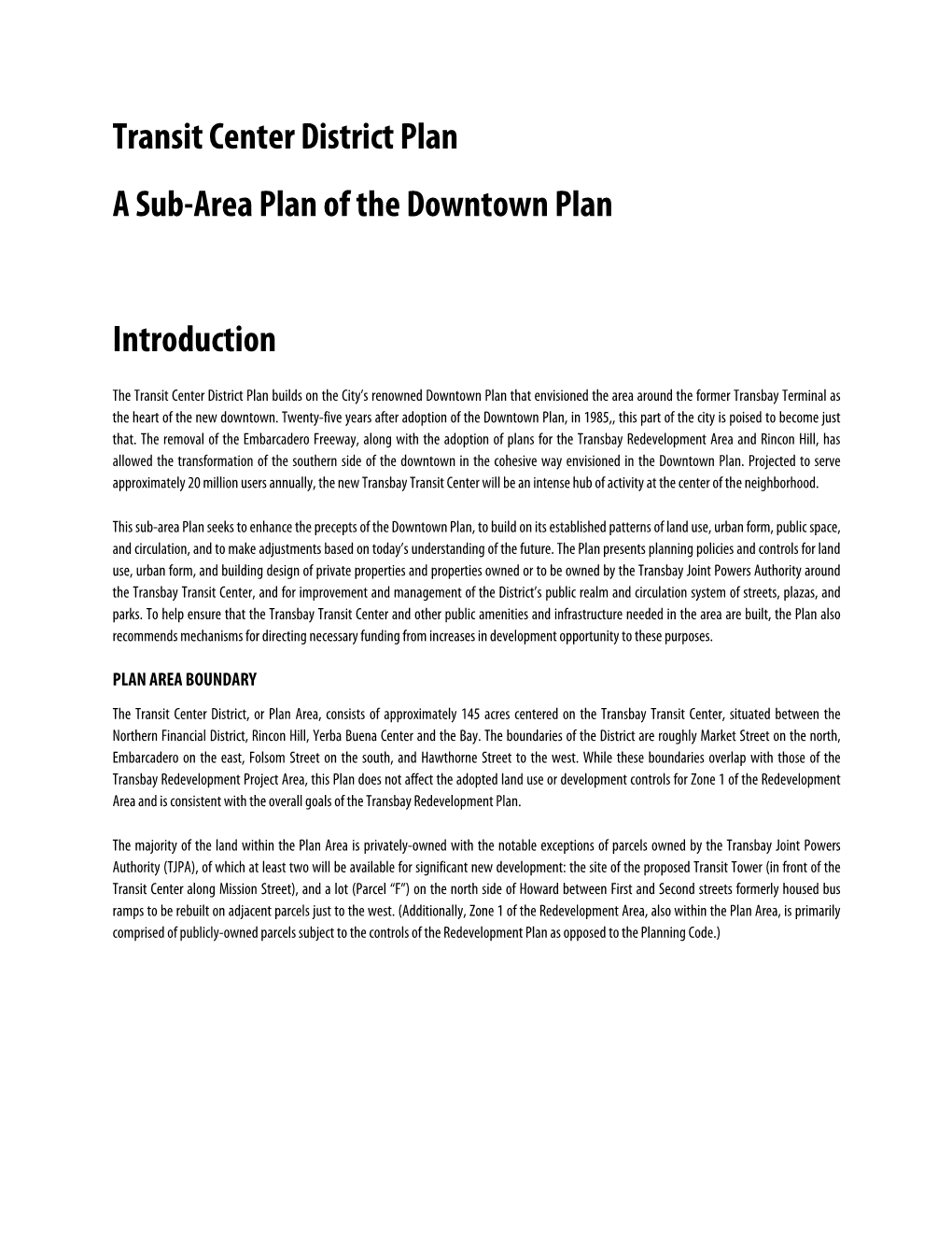 Transit Center District Plan a Sub-Area Plan of the Downtown Plan