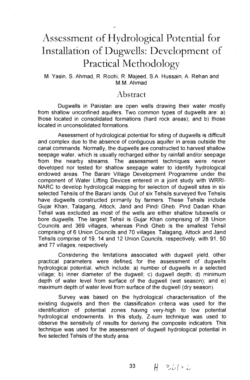 1T\Ssessment of Hydrological Potential for Installation of Dugwells: Development of Practical Iviethodology