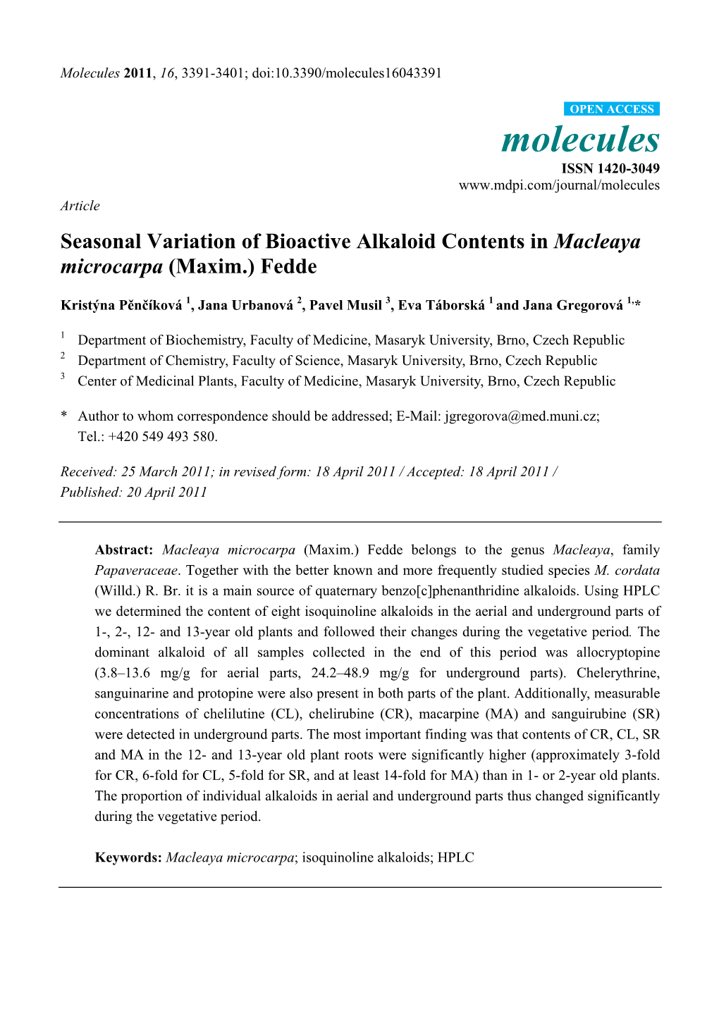 Seasonal Variation of Bioactive Alkaloid Contents in Macleaya Microcarpa (Maxim.) Fedde