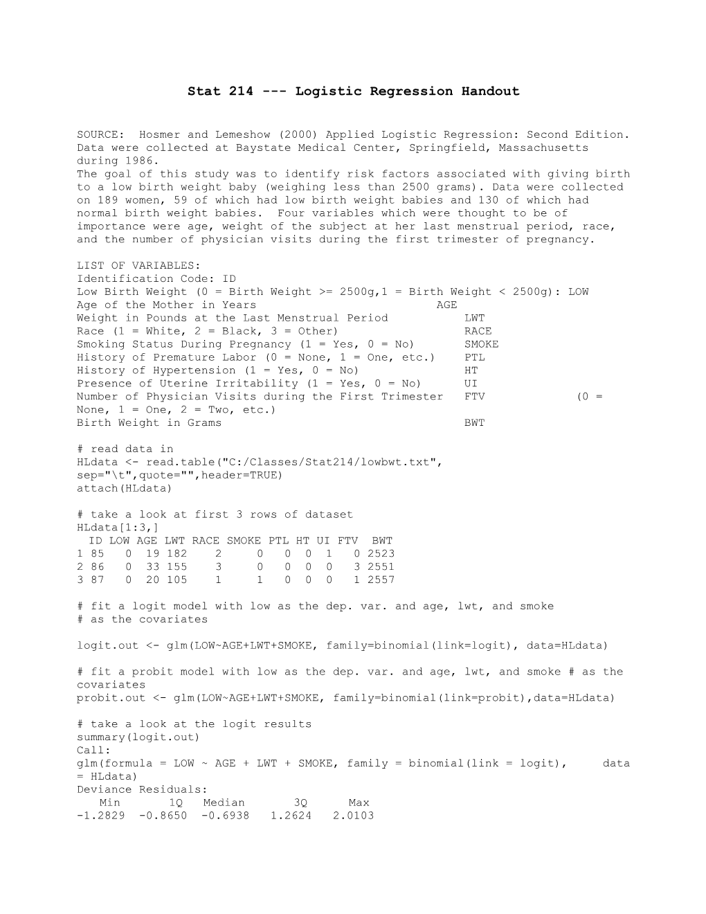 Stat 214 Logistic Regression Handout