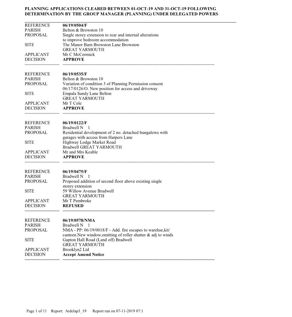 Planning Applications Cleared Between 01-Oct-19 and 31-Oct-19 Following Determination by the Group Manager (Planning) Under Delegated Powers