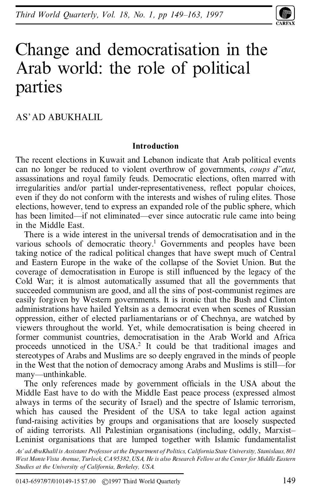 Change and Democratisation in the Arab World: the Role of Political Parties