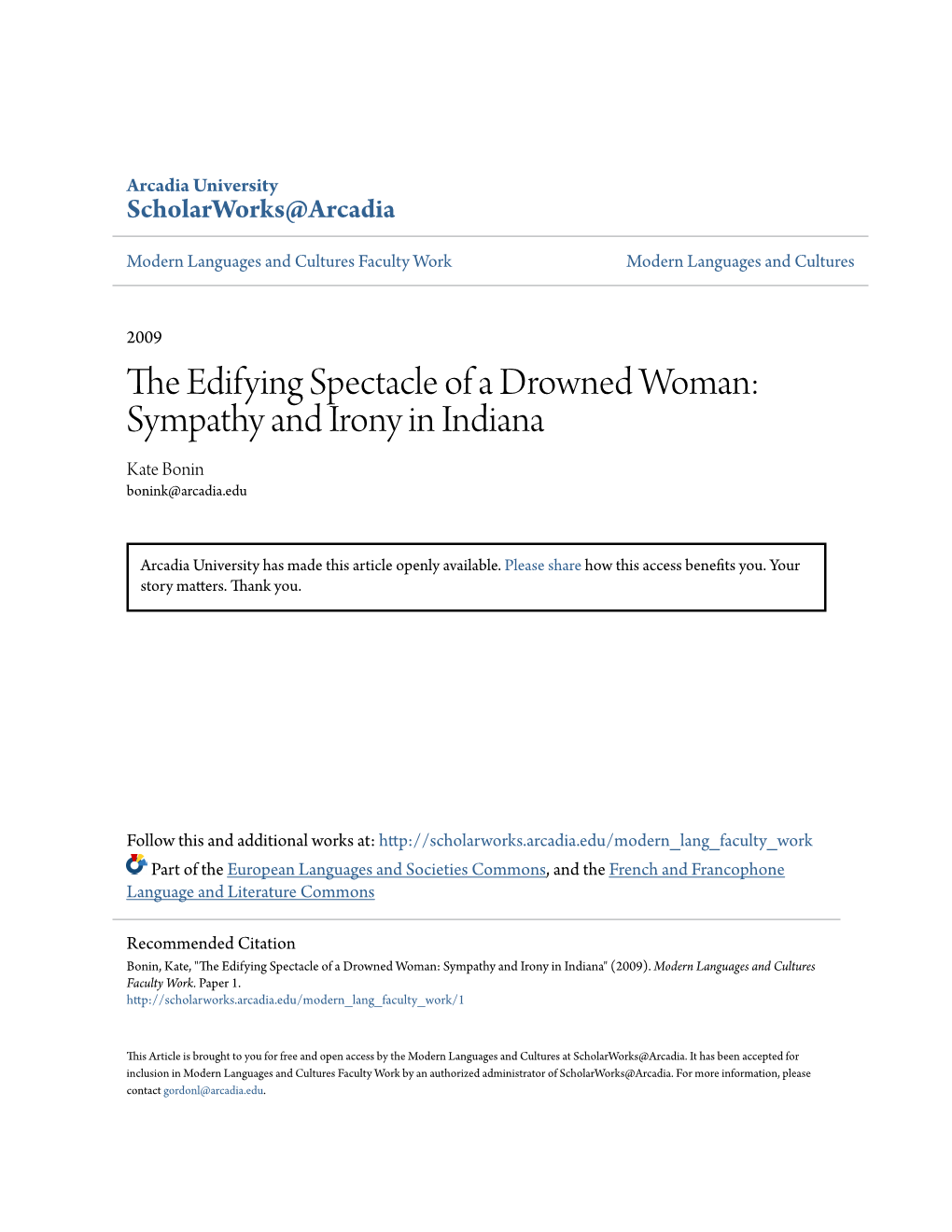 The Edifying Spectacle of a Drowned Woman: Sympathy and Irony in Indiana