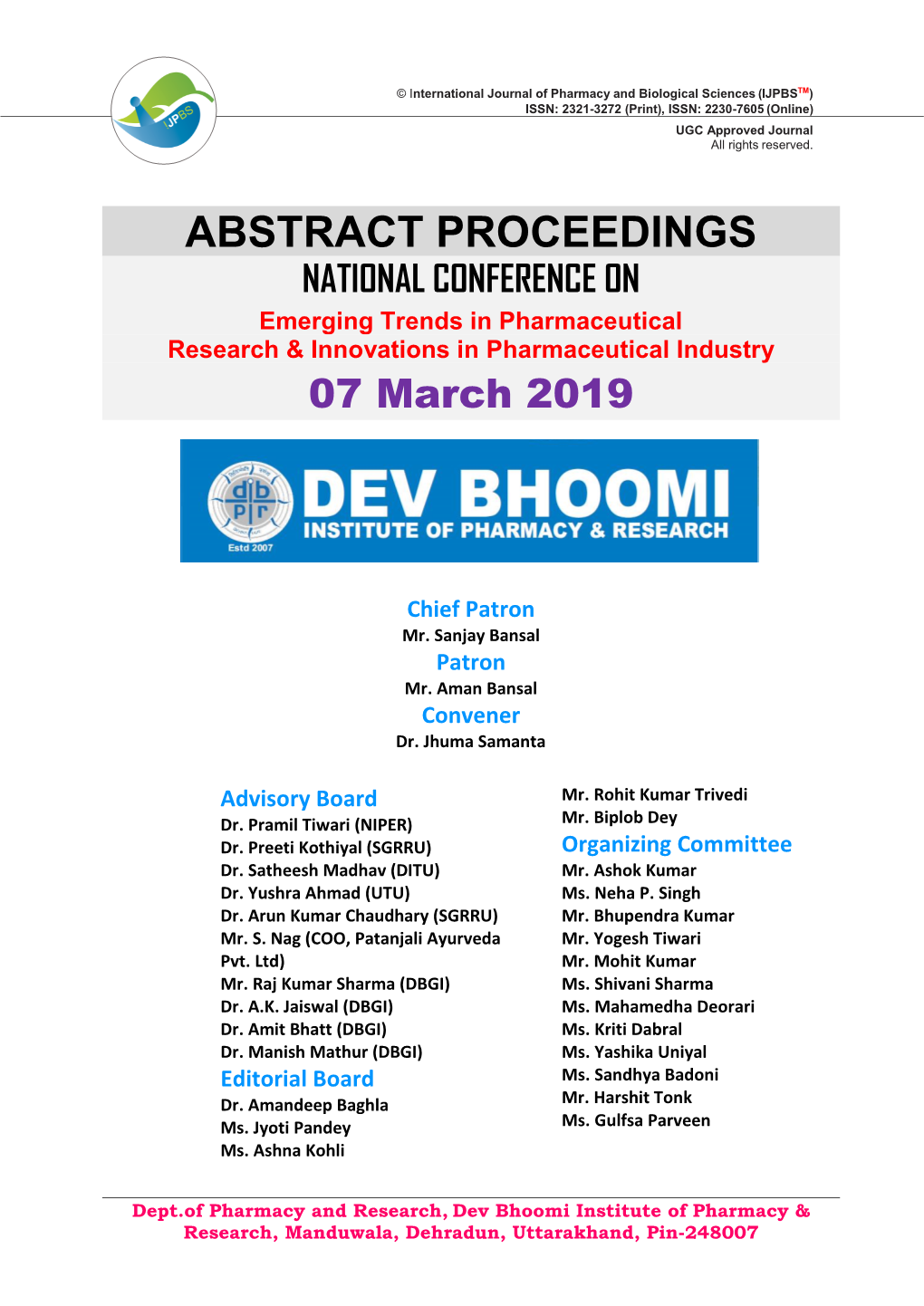 ABSTRACT PROCEEDINGS NATIONAL CONFERENCE on Emerging Trends in Pharmaceutical Research & Innovations in Pharmaceutical Industry 07 March 2019