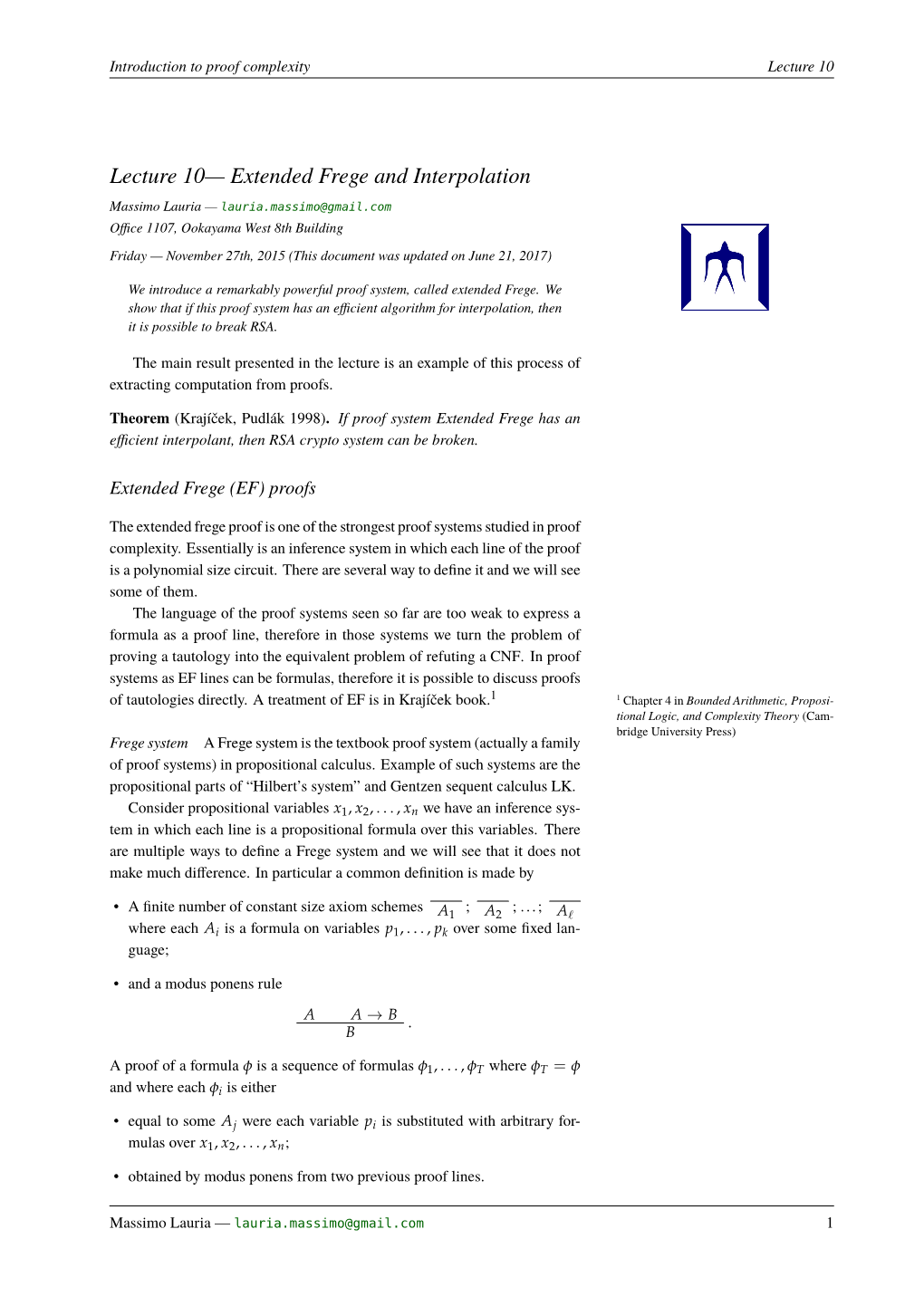 Lecture 10— ``Extended Frege and Interpolation''