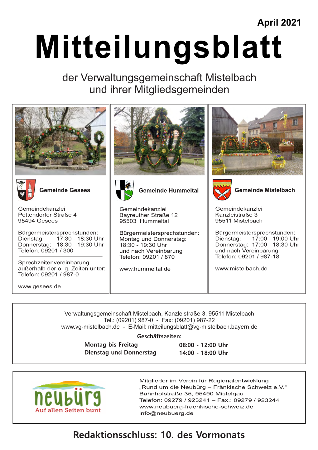 Mitteilungsblatt Der Verwaltungsgemeinschaft Mistelbach Und Ihrer Mitgliedsgemeinden