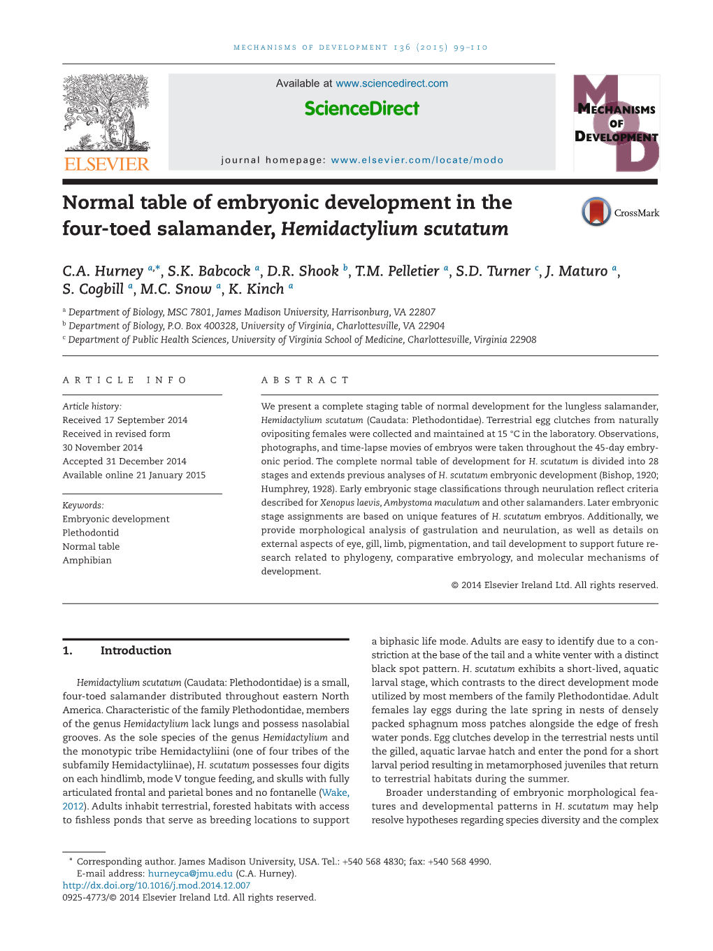 Normal Table of Embryonic Development in the Four-Toed Salamander, Hemidactylium Scutatum