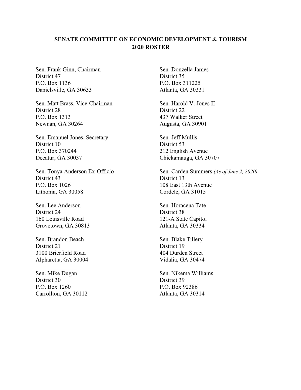 Senate Committee on Economic Development & Tourism 2020 Roster