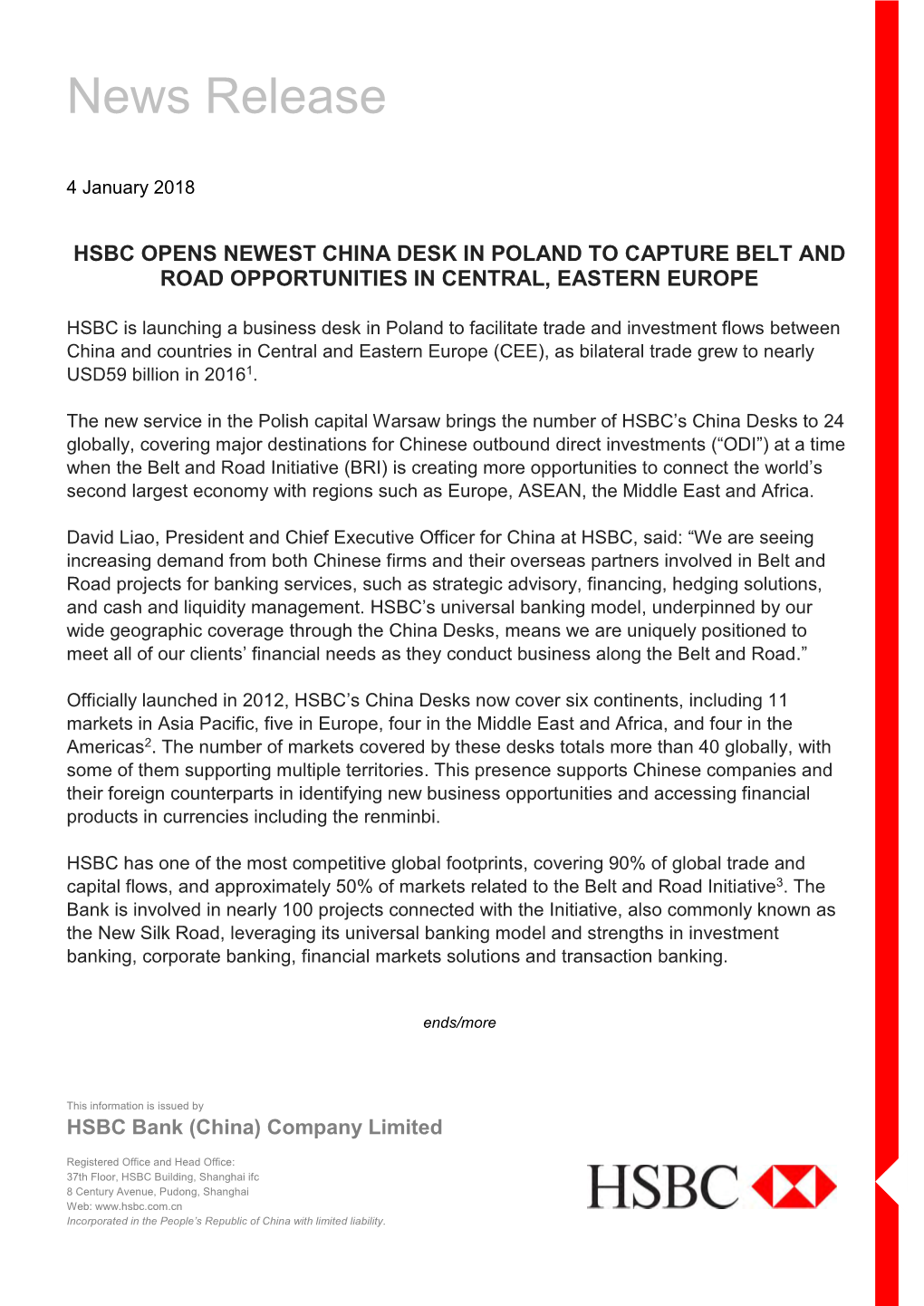 Hsbc Opens Newest China Desk in Poland to Capture Belt and Road Opportunities in Central, Eastern Europe