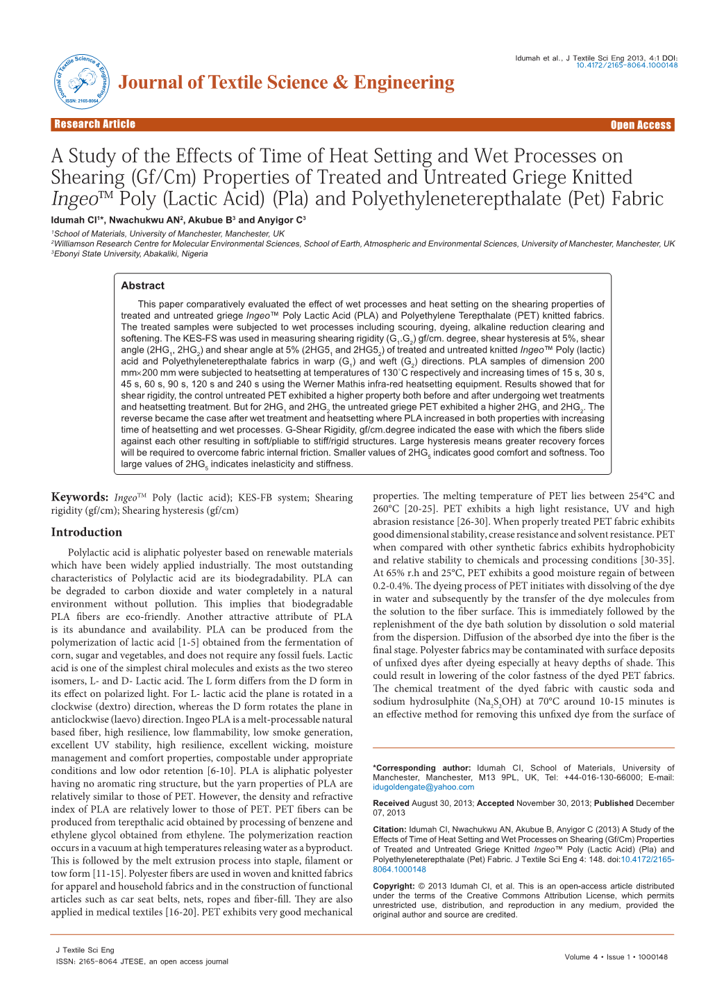 A Study of the Effects of Time of Heat Setting and Wet Processes On