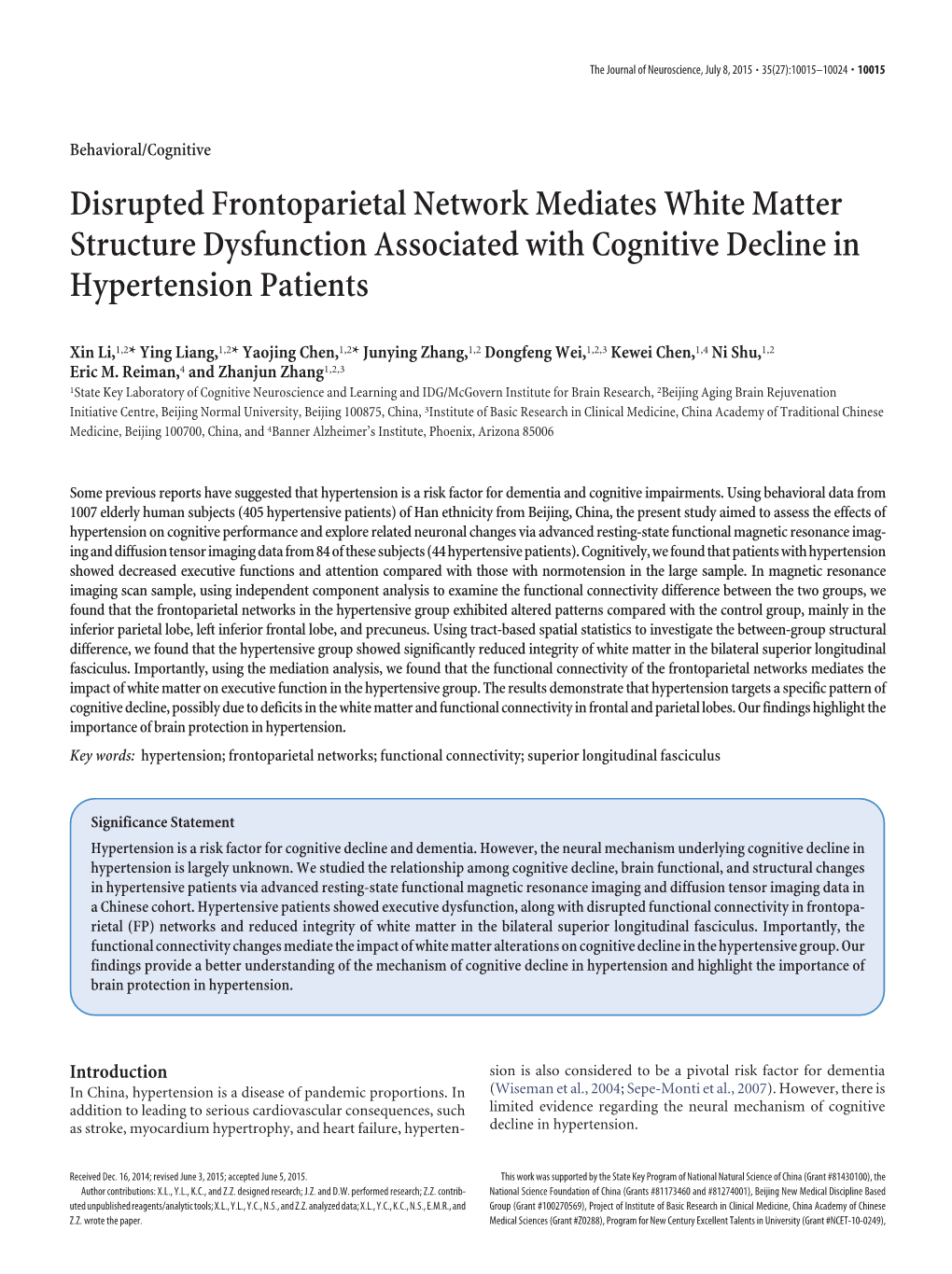 Disrupted Frontoparietal Network Mediates White Matter Structure Dysfunction Associated with Cognitive Decline in Hypertension Patients