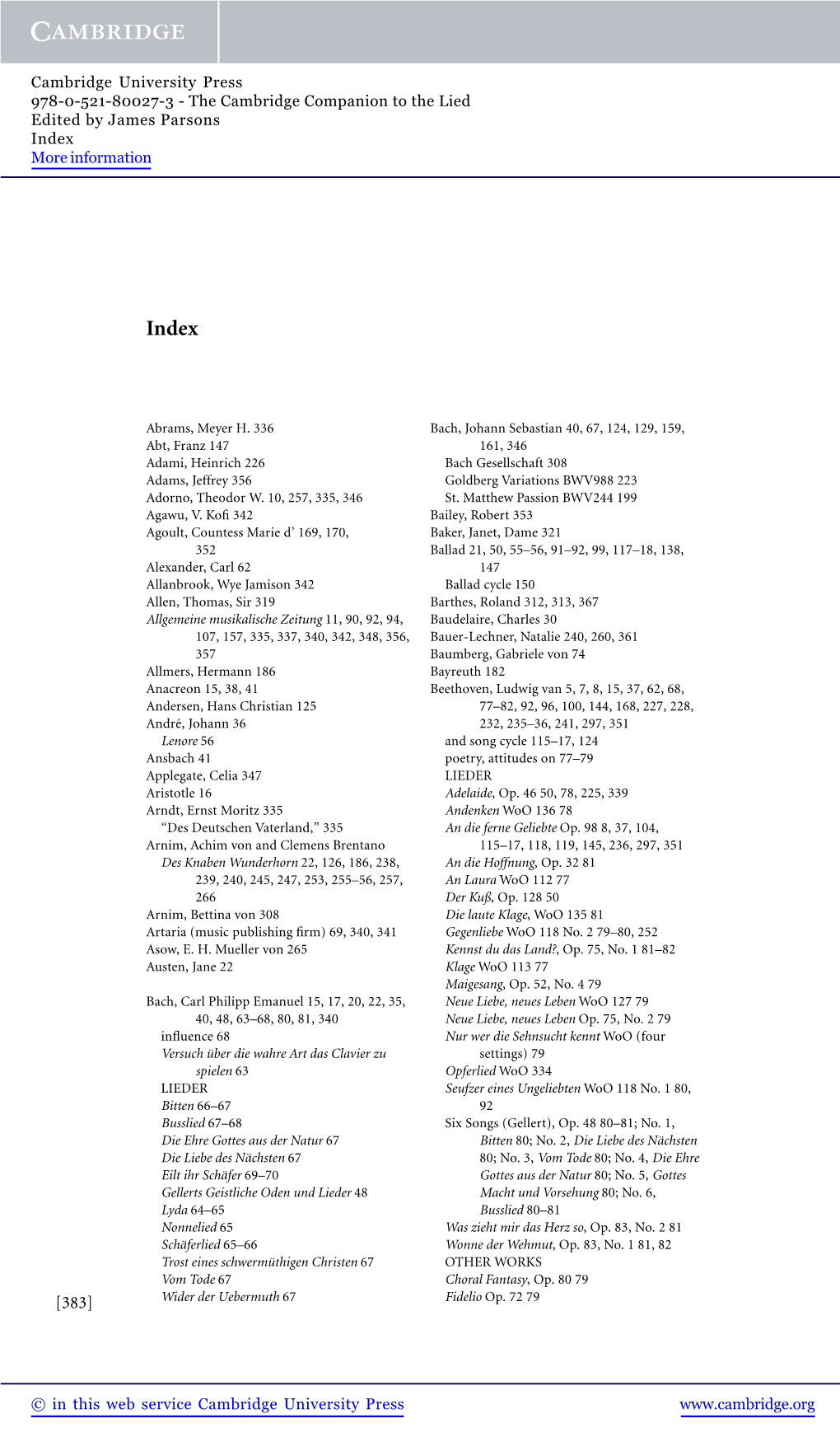 The Cambridge Companion to the Lied Edited by James Parsons Index More Information