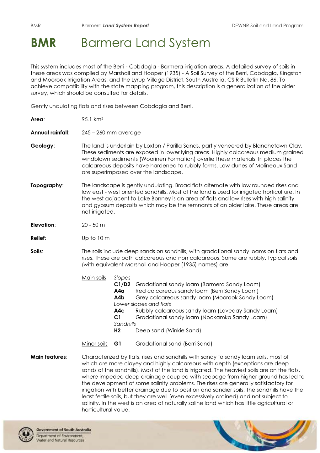 BMR Barmera Land System Report DEWNR Soil and Land Program BMR Barmera Land System