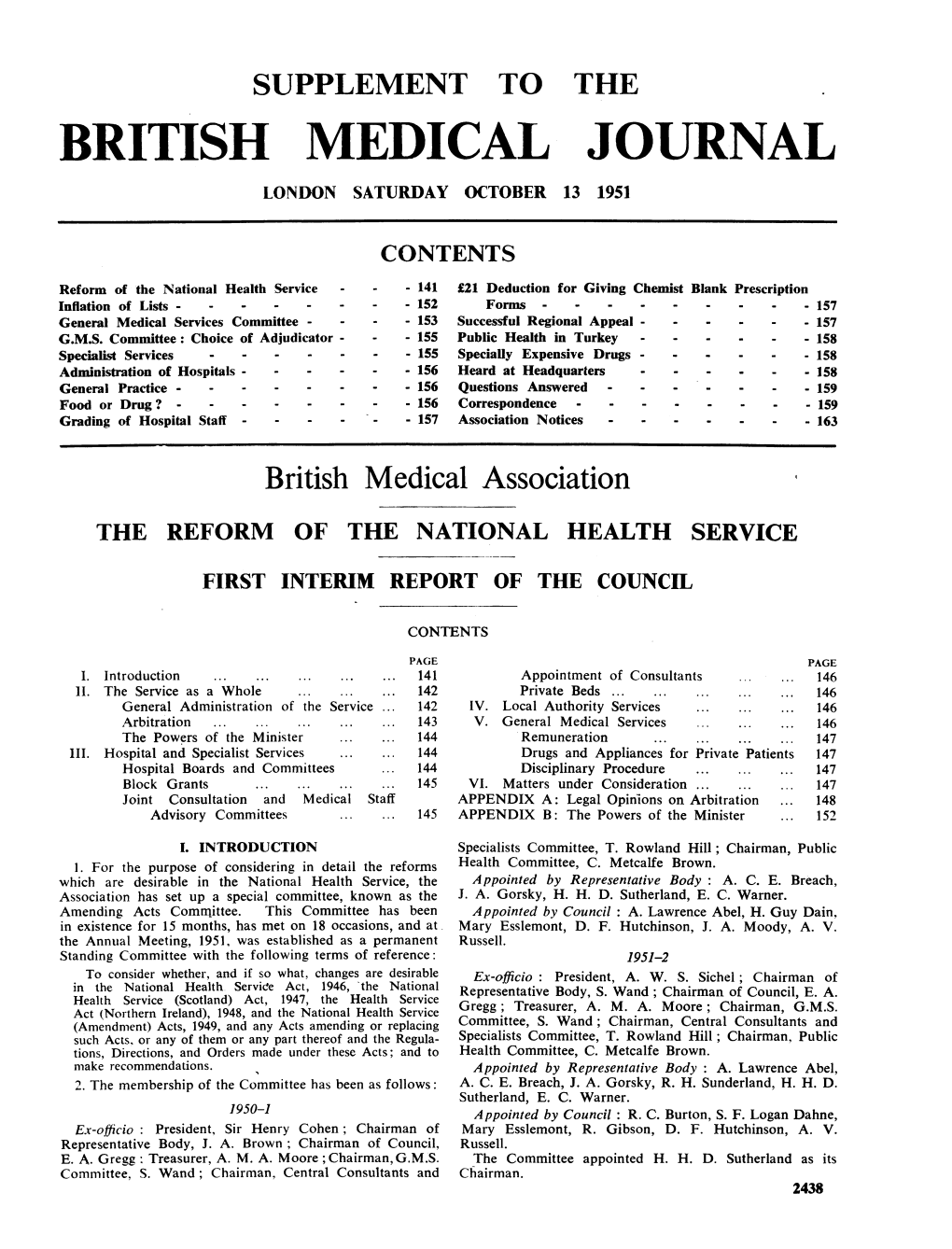 British Medical Association the REFORM of the NATIONAL HEALTH SERVICE FIRST INTERIM REPORT of the COUNCIL