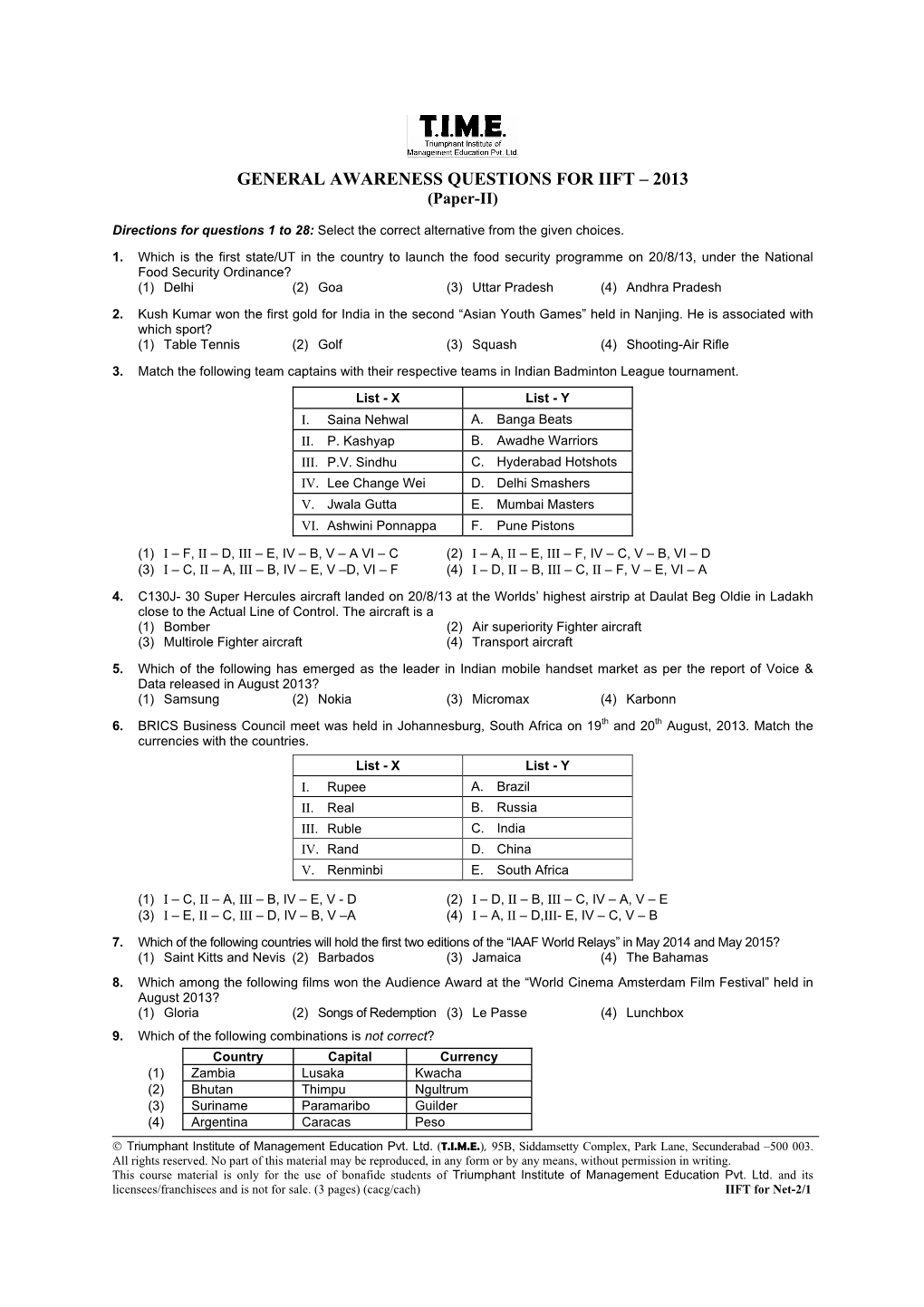 GENERAL AWARENESS QUESTIONS for IIFT – 2013 (Paper-II)