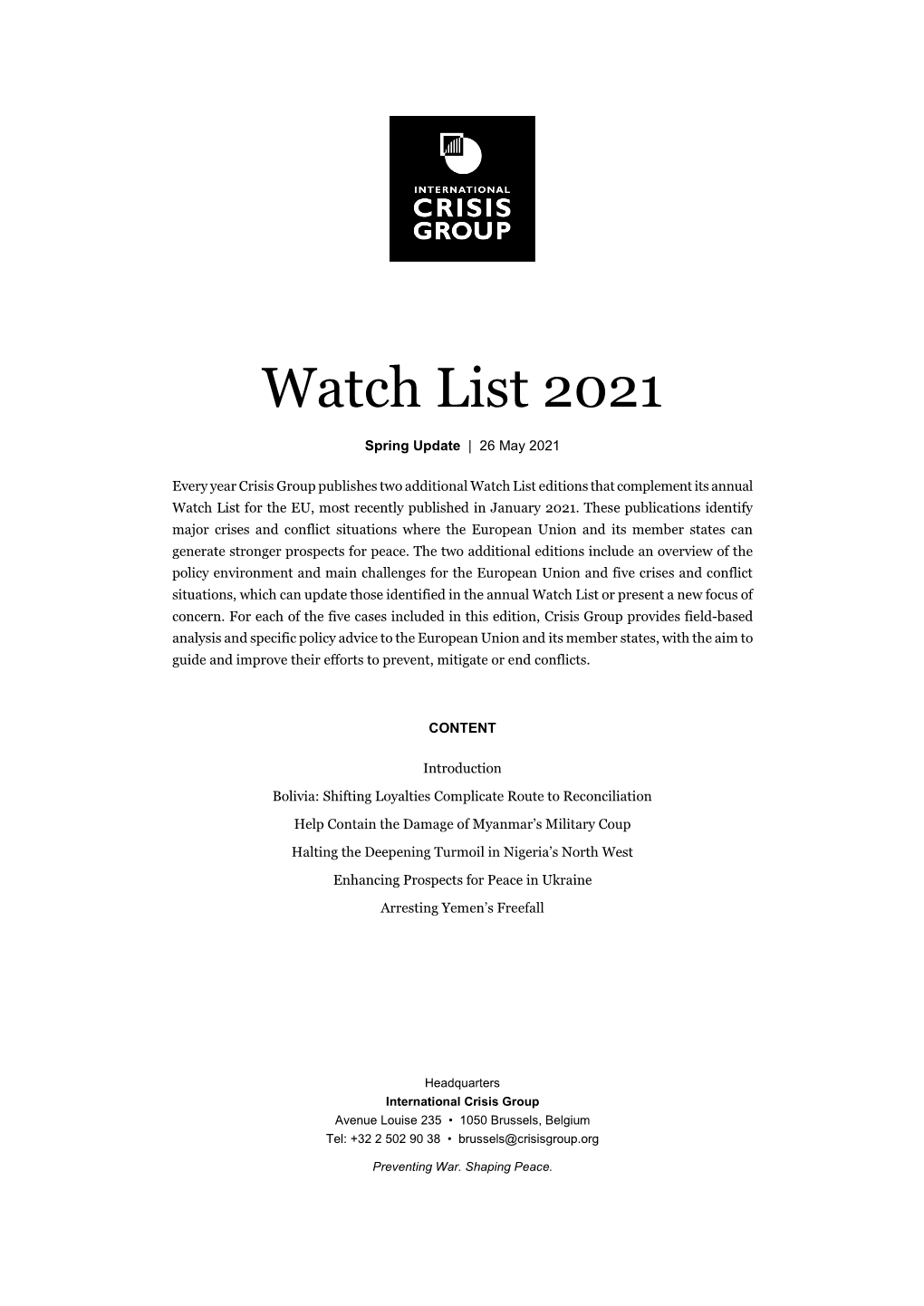 Watch List 2021 Spring Update International Crisis Group, May 2021 Page 3