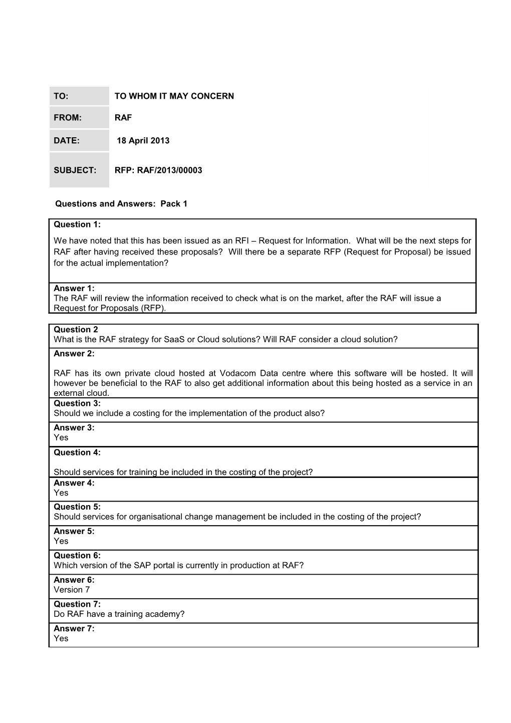 Questions and Answers: Pack 1