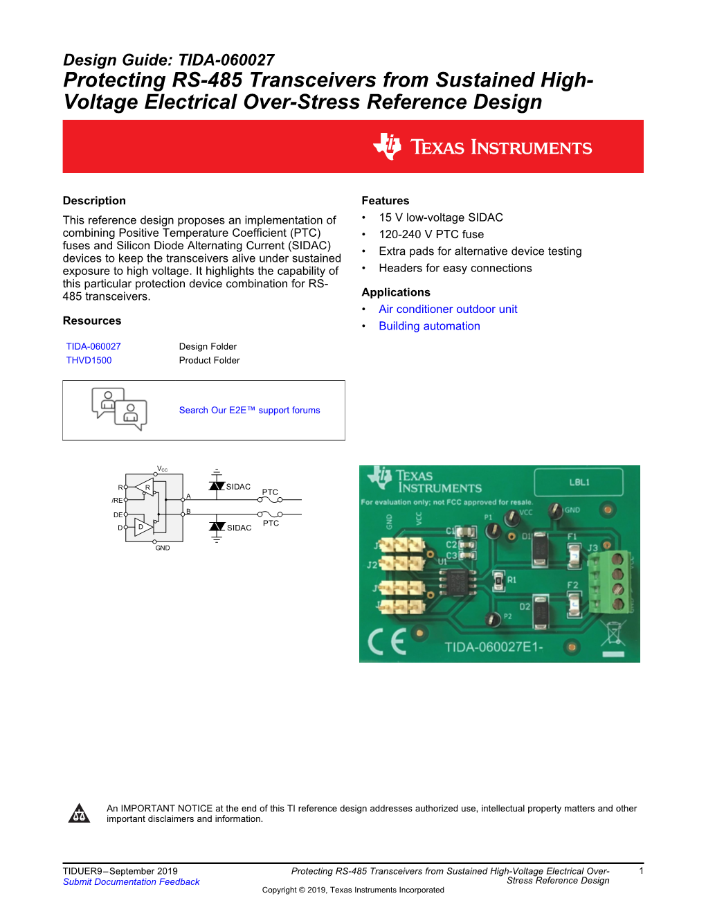 Protecting RS-485 Transceivers from Sustained High- Voltage Electrical Over-Stress Reference Design