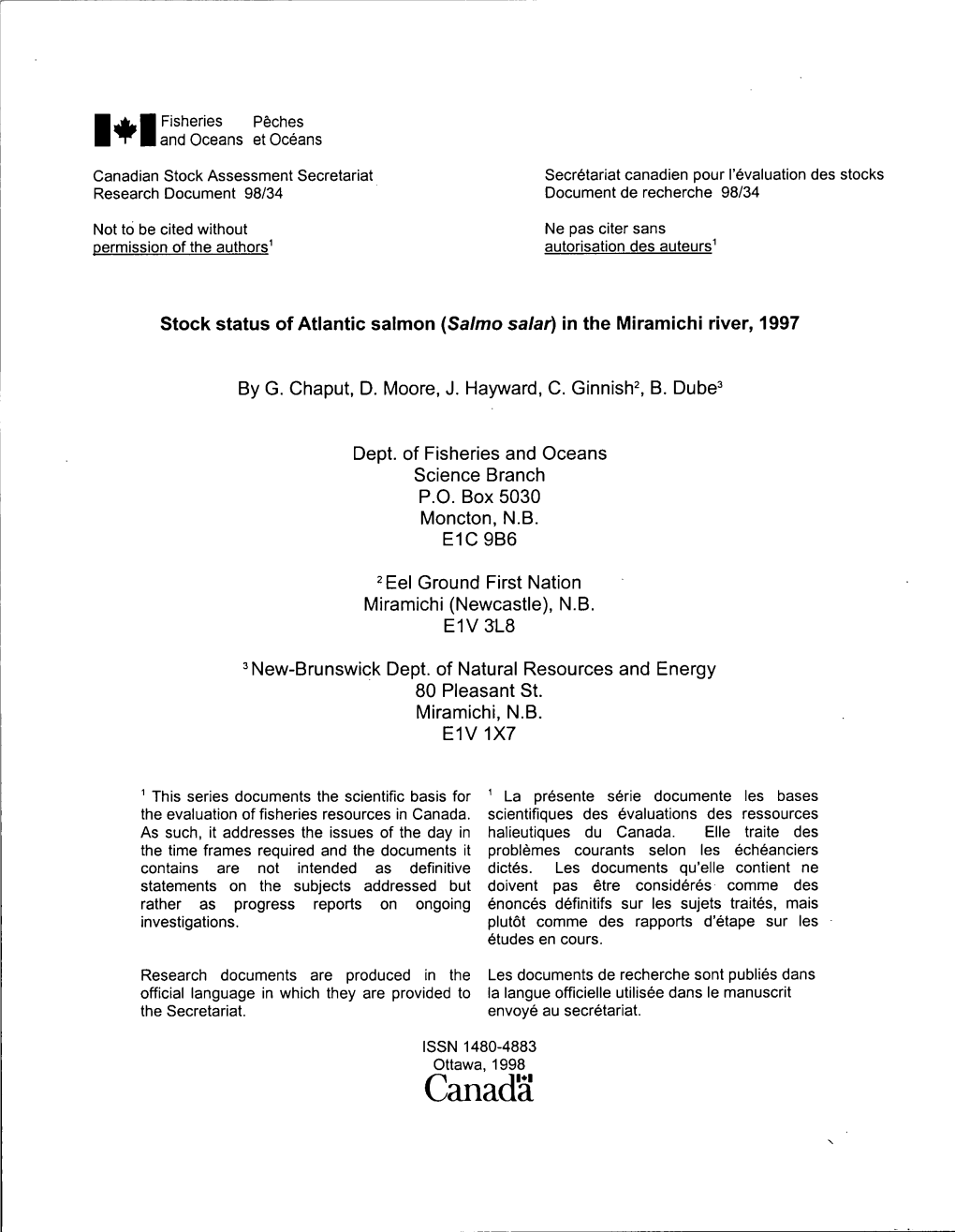 Stock Status of Atlantic Salmon in the Miramichi River, 1997