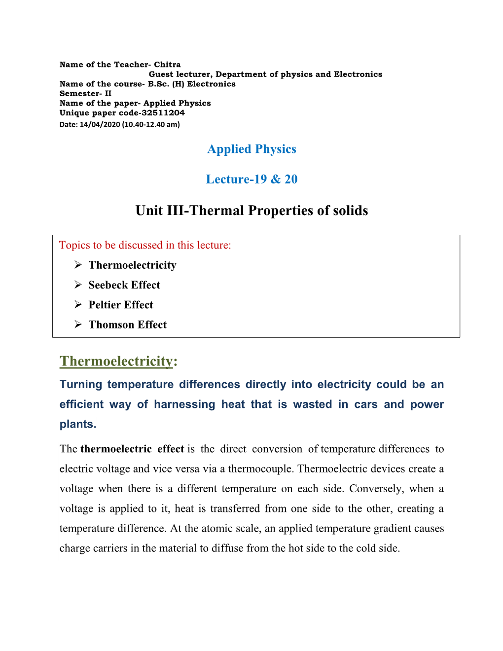 Unit III-Thermal Properties of Solids Thermoelectricity