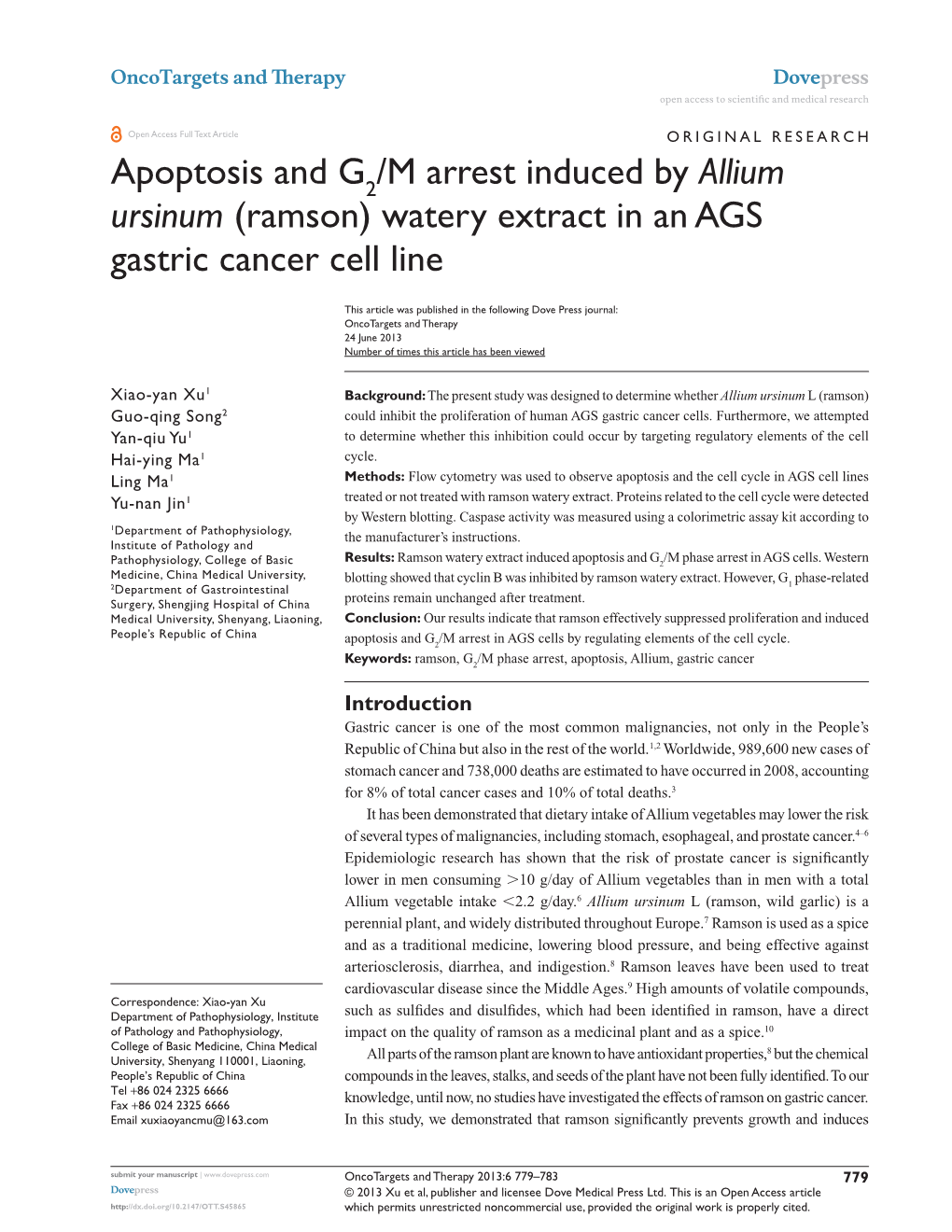 Apoptosis and G /M Arrest Induced by Allium Ursinum