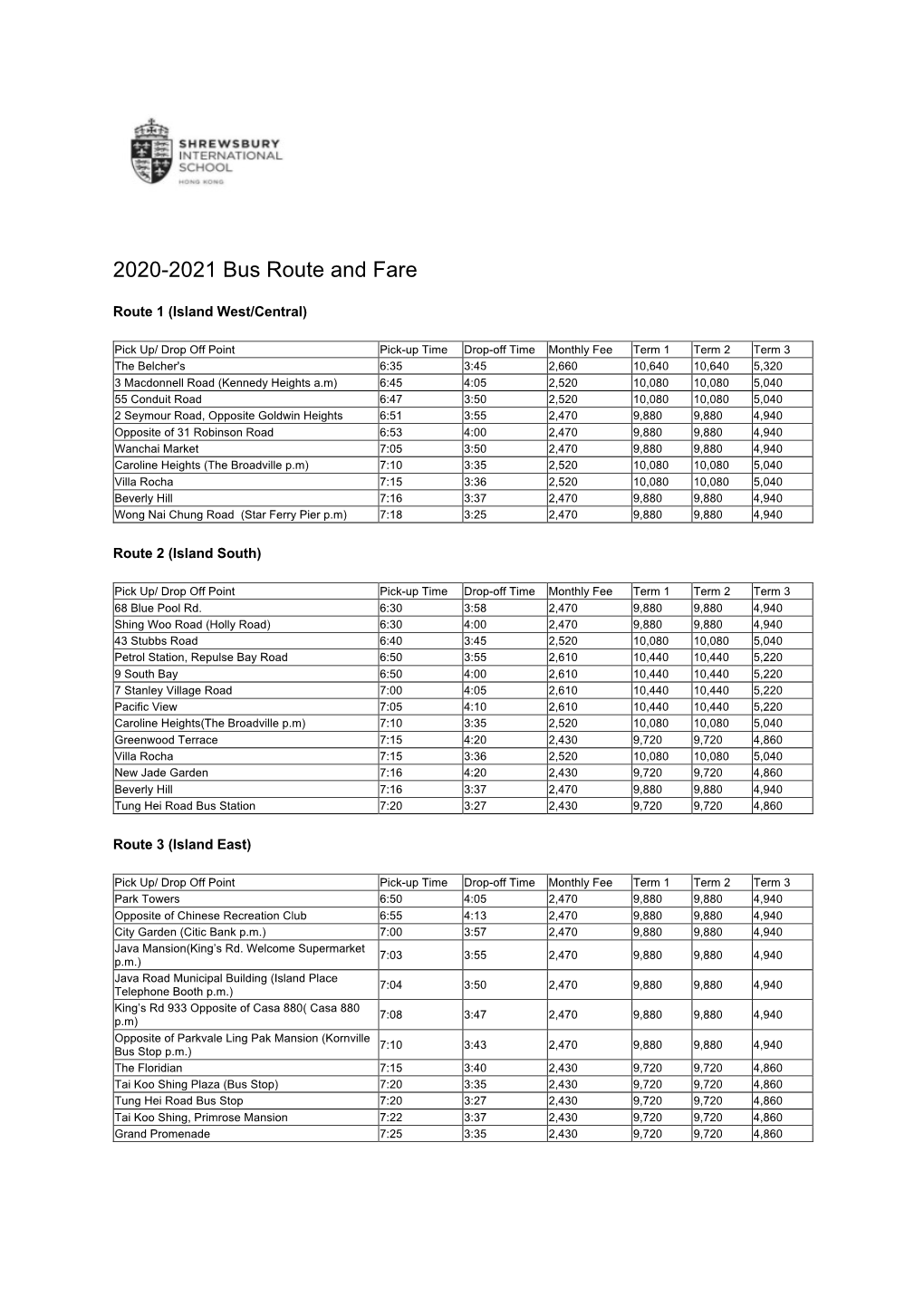 2020-2021 Bus Route and Fare