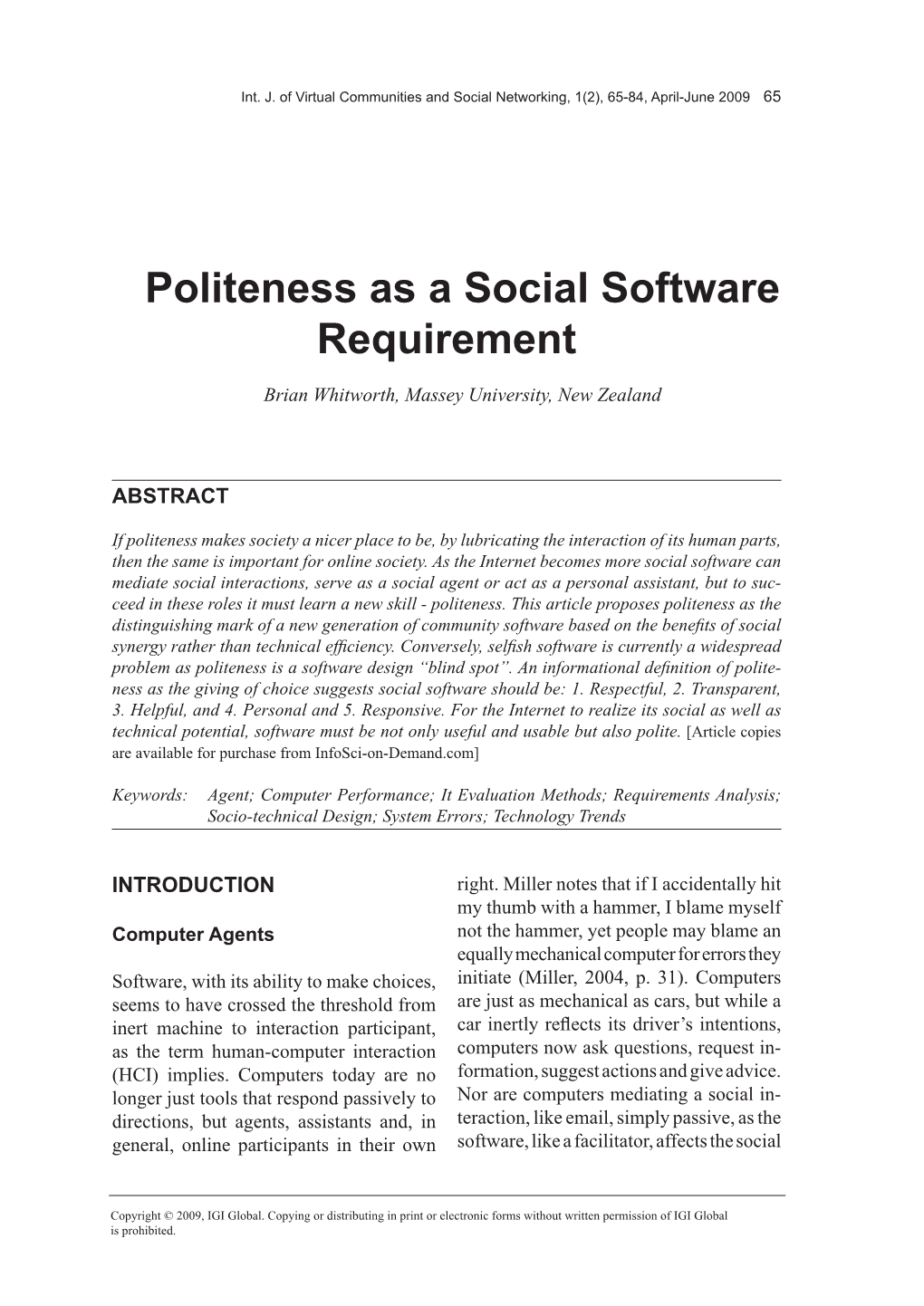 Politeness As a Social Software Requirement Brian Whitworth, Massey University, New Zealand