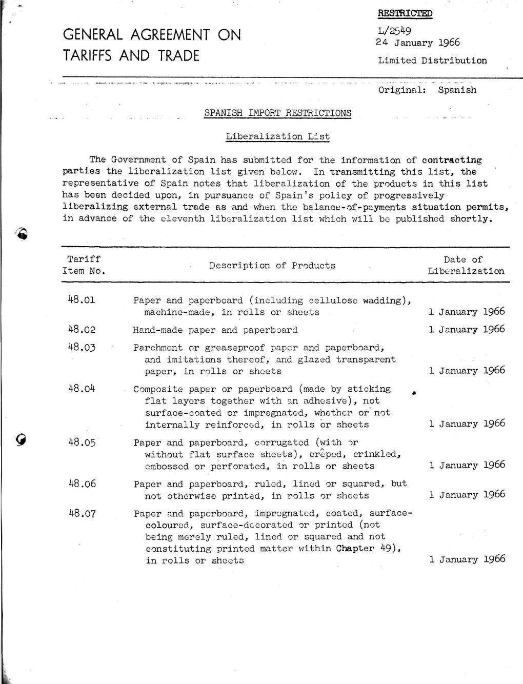 L/2549 24 January 1966 TARIFFS and TRADE Limited Distribution