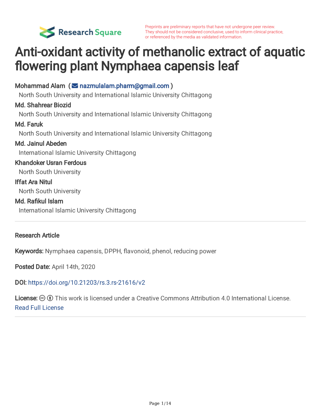 Anti-Oxidant Activity of Methanolic Extract of Aquatic Flowering Plant