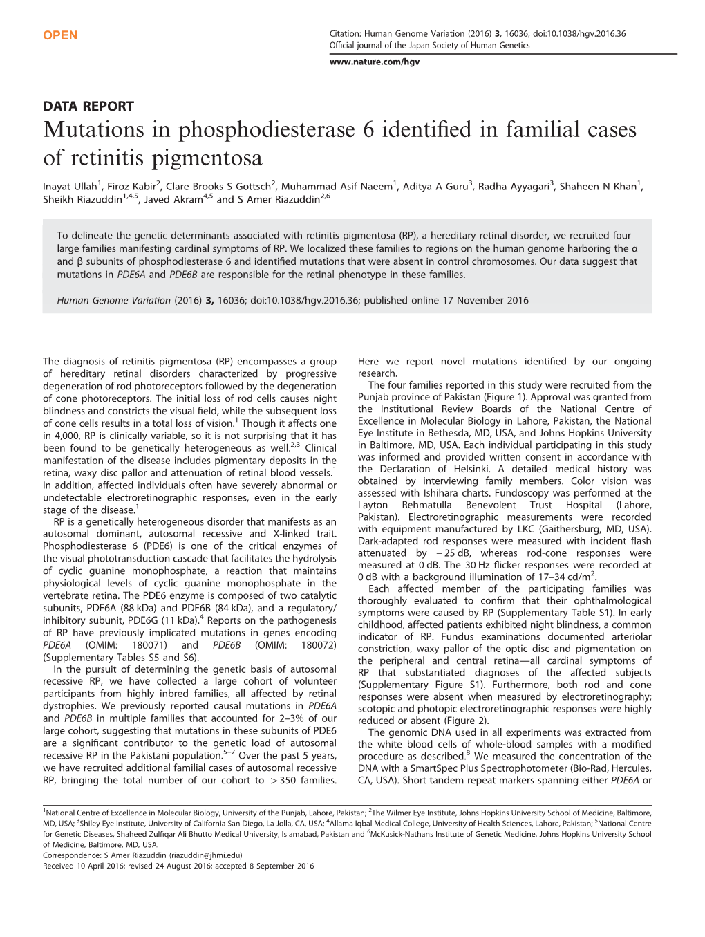 Mutations in Phosphodiesterase 6 Identified in Familial Cases of Retinitis Pigmentosa