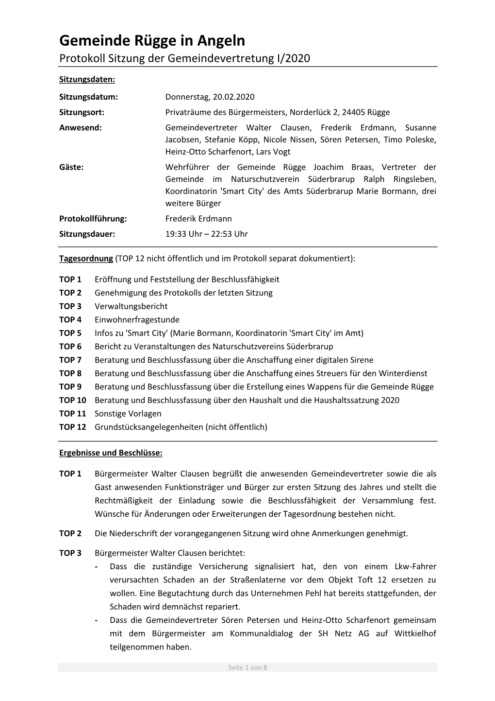 Gemeinde Rügge in Angeln Protokoll Sitzung Der Gemeindevertretung I/2020